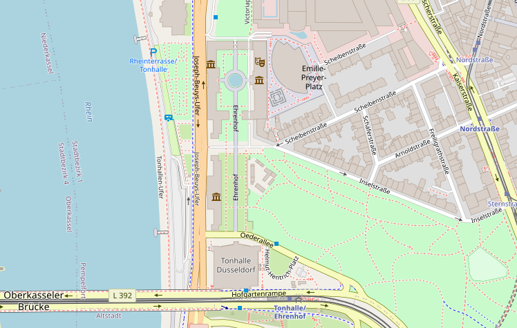 Ausschnitt aus Openstreetmap zeigt die Gegend um die Rheinterassen in Düsseldorf