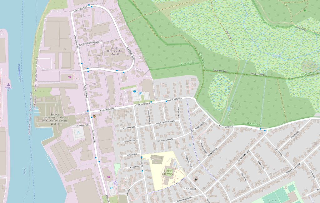 Ausschnitt aus Openstreetmap zeigt die Gegend um deen Wohnmobil Stellplatz Lücbeck