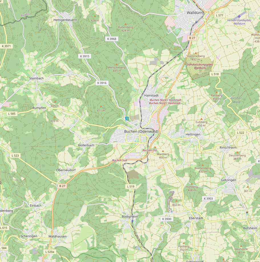 Karte von Openstreetmap. Der Ausschnitt zeigt die Gegend um Buchen im Odenwald
